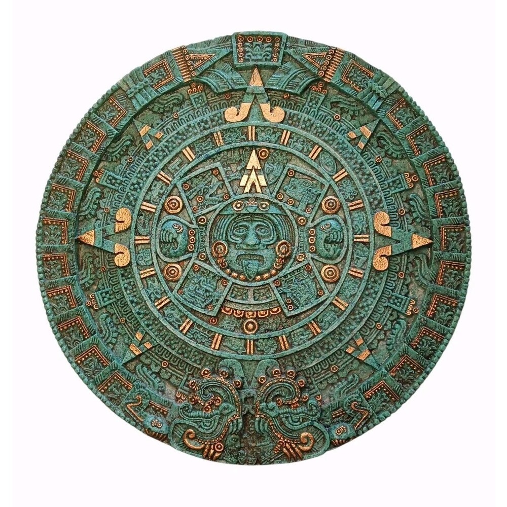 Vtg Large 17” Aztec Sun Wall Calendar Green Crushed Malachite Stone Mayan Felted